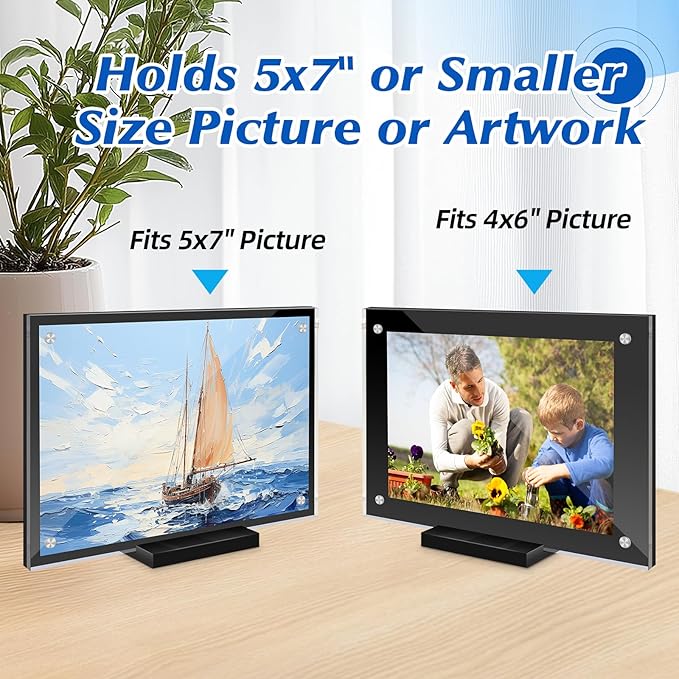 2 Pack Acrylic Magnetic Picture Frame 5x7, Clear Frame for Horizontal Vertical Tabletop Display, Black Photo Frame Magnets for Fridge