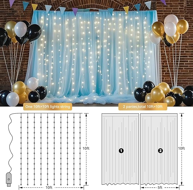 10×10ft Tulle Backdrop Curtains with Lights String - 300LED Fairy Lights Sheer Curtain Backdrop for Weddings Baby Shower and Birthday Party Decorations(4 Panels 5×10ft)