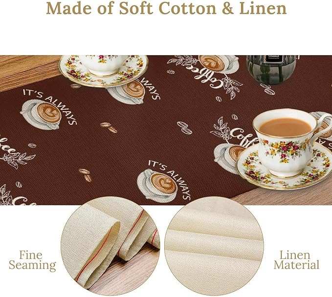 Coffee Time Table Runner, Farmhouse Retro Gnome Coffee Cup Tea Party Cafe Brwon Table Center Decor for Home Kitchen Dining Patio Holiday Party Indoor Outdoor Table Decorations,13"x36" Inch