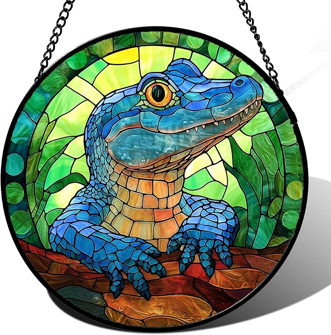 Stained Glass Window Hanging, Blue Alligator Sun Catcher for Window Door Home Decor Green Brown Suncatcher Christmas Mother's Day Birthday Gifts for Women Men Mom and Nana 6.3 in