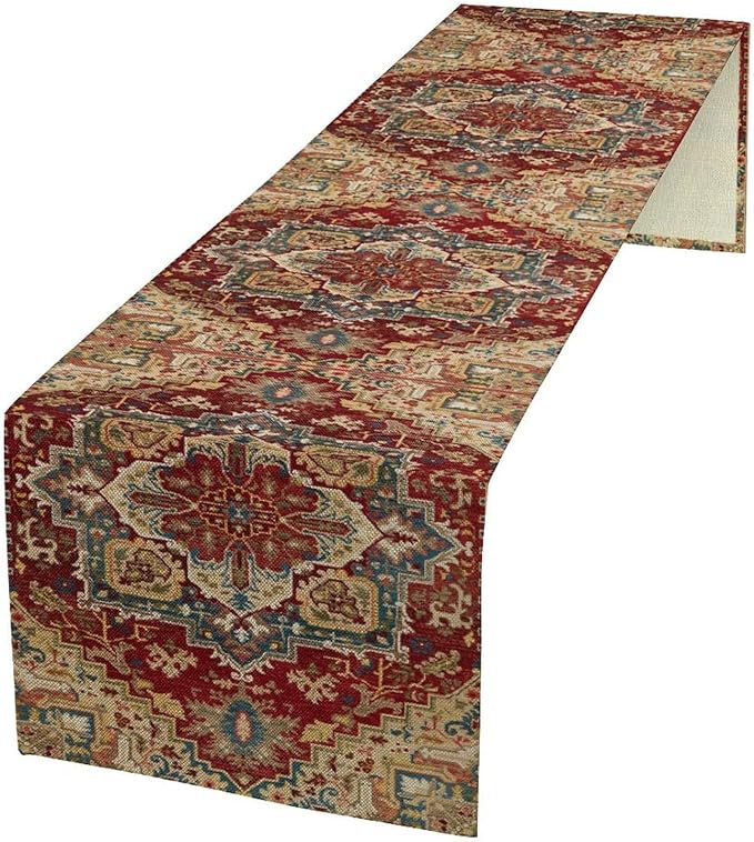 Boho Bohemia Style Table Runner, Vintage Red Brown Retro Flower Rustic Country Style Floral Print Pattern for Home Kitchen Table Decor Dining Coffee Room Garden Party Decor 13x72in