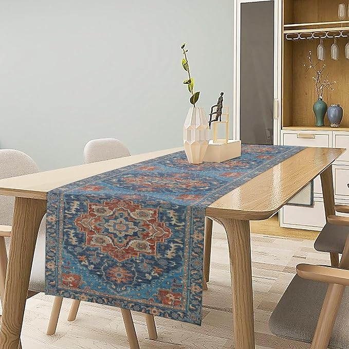 Boho Floral Vintage Table Runner, Retro Abstract Blue Flower Rustic Country Farmhouse Pattern for Home Kitchen Table Decor Dining Coffee Room Party Decor 13x120in