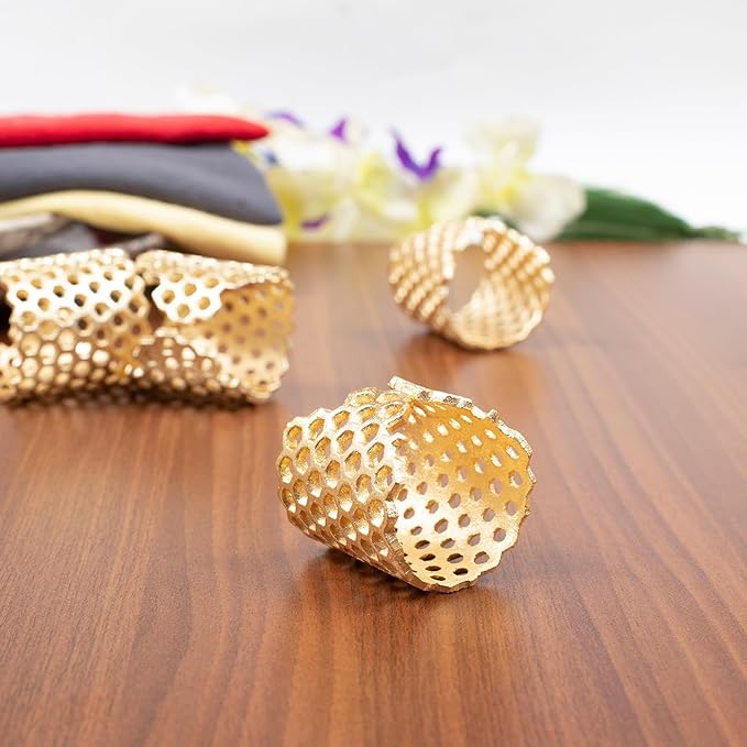 Gold Honeycomb Napkin Rings Set of 10 - Elegant Lightweight Metal Serviette Holders for Dining Table, Wedding, Party & Home Décor - CLEENTABLE