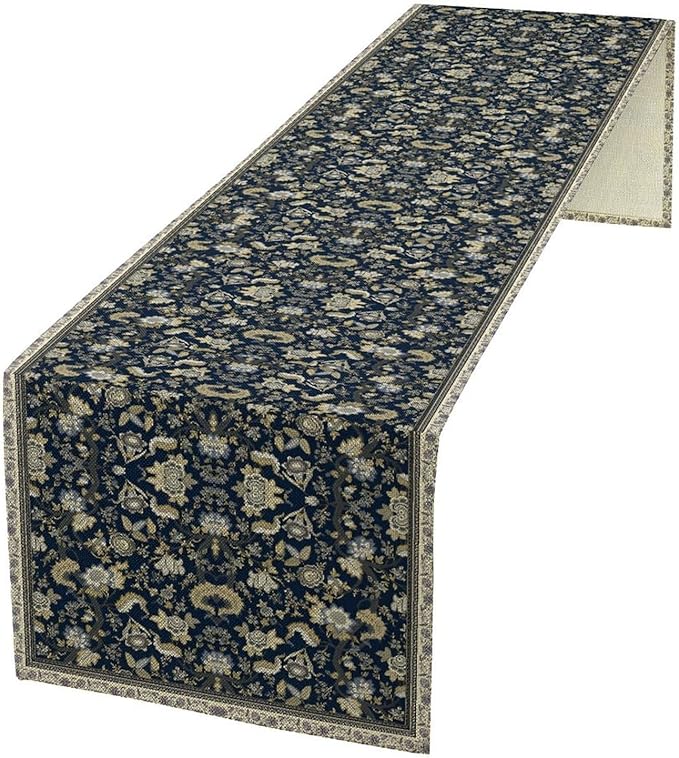 Vintage Boho Floral Table Runner, Morris Rustic Country Farmhouse Dark Blue Grey Retro Flower Pattern for Home Kitchen Table Decor Dining Coffee Room Party Decor 13x90in