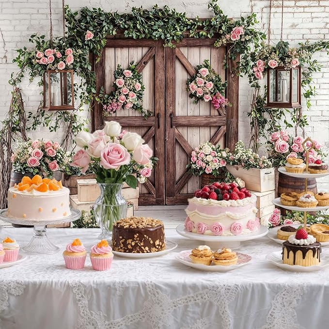 20x10ft Country Wedding Photography Backdrop Floral Rustic Roses Farmhouse Wooden Door Backdrop Pink Flower Birthday Baby Shower Wedding Bridal Party Banner Photo Booth Props Anniversary Background