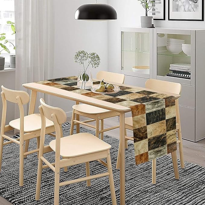 Rustic Cow Skin Patchwork Print Table Runner, Farmhouse Country Western Style Fur Table Cover for Dinning Home Party Holidays Home Setting, 13x108 Inch