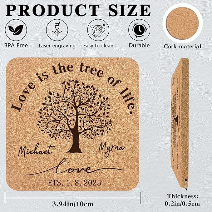 Custom Coasters Personalized Cork Coasters Bulk with Logo Wedding Personalized Cork Natural Wood Engraved Drink for Wedding Favors (Cork Coasters - Square)