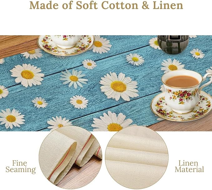 Spring Daisy Table Runner, Farmhouse Seasonal Summer Flower Retro Country Table Center Decor for Home Kitchen Dining Patio Holiday Party Indoor Outdoor Table Decorations, 13"x90" Inch
