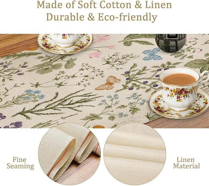 Floral Botanical Table Runner, Garden Spring Flower Botanical Butterfly Animal for Restaurant, Kitchen, Wedding, Party Rectangular Table Runner Decoration,13in（33cm） W * 90in（229cm） L