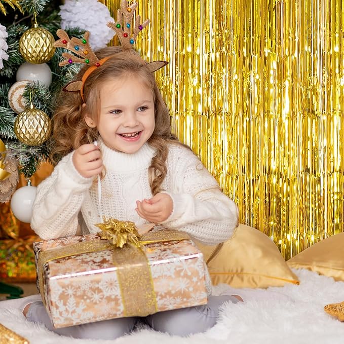 5 Pack Gold Foil Curtain Backdrop 3.2ft x 9.8ft Metallic Tinsel Foil Fringe Curtains Streamer Photo Booth Backdrop for Birthday Party Engagement Bachelorette Party Decorations (Gold)