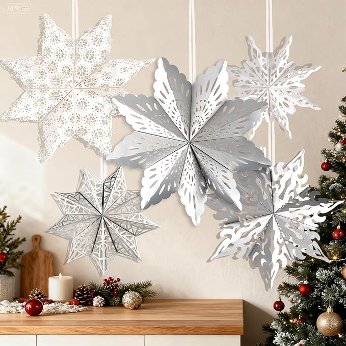 5 Pcs Christmas Paper Snowflake Lanterns, Large 3D Christmas Paper Star Lanterns with LED Lights, White Silver Hanging Snowflake Lamps for Xmas Winter Frozen Weddings Holiday Party Decorations