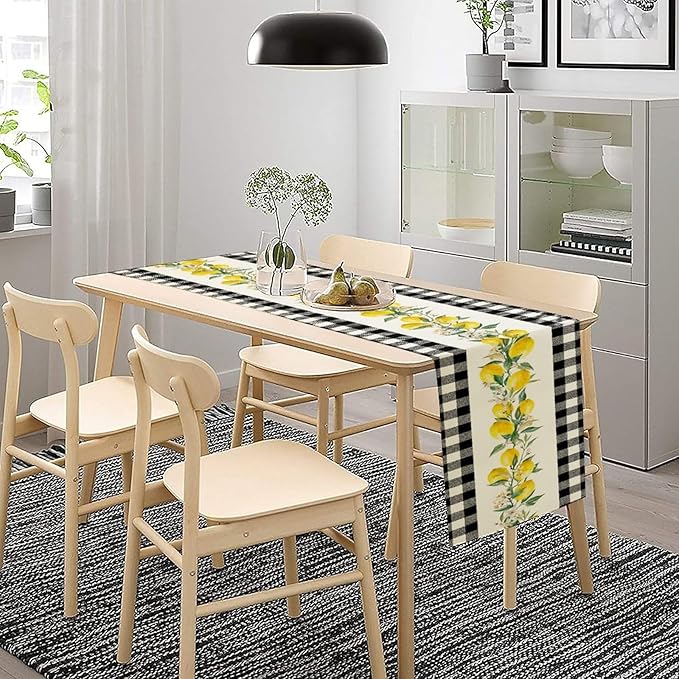 Lemon Table Runner,Black Buffalo Plaid Lemon Table Runner Farmhouse Style Spring Summer Home Kitchen Dinding Room Table Decoration 13x90 Inch