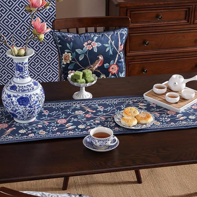 patdrea Vintage Chinoiserie Floral Table Runner Farmhouse for Home Kitchen Dining Decor Parties Family Dinners 12"*63"