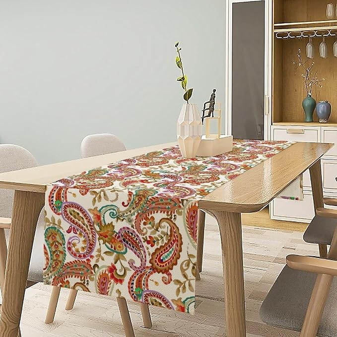 Colorful Paisley Table Runner, Boho Vintage Pink Red Teal Floral Leaves Print Table Runner for Home Kitchen Dining Table Holiday Party Decor, 13x36inch