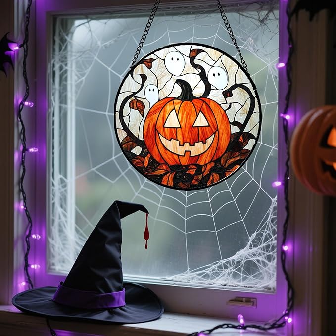 Stained Glass Window Hanging - Halloween Decorations Pumpkin Ghost Suncatcher for Doors Garden Indoor Spooky Funny Orange Sun Catchers Gothic Decor Horror Gifts for Women Men Friend 6.3 in