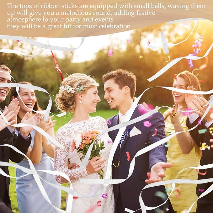 Boao 40 Pieces Mixed Color Ribbon Sticks with Bell, Ribbon Sticks for Stick Party, Streamers for Wedding Birthday Party Celebration Baby Shower Favors(White)