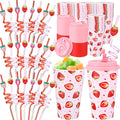 Yungyan 16 Sets Strawberry Party Favors Goodie Cups with Lids and Straws for Birthday Decorations Reusable 16oz Plastic Candy Cups Plastic Straws for Birthday Party (Strawberry)