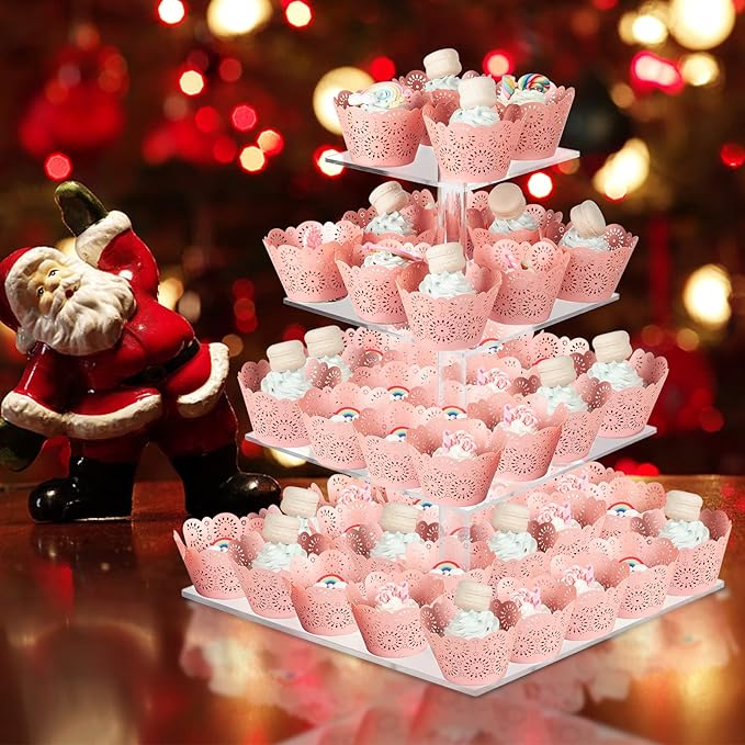 Cupcake Stand, 4 Tier Square Acrylic Cupcake Display Stand Holder, Clear Dessert Pastry Tower for Wedding, Birthday, Theme Party, Baby Shower