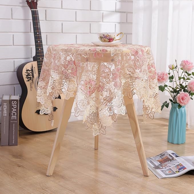Round Embroidered Lace Tablecloth Vintage Decorative Exquisite Border Table Cover for Party Wedding Home Decorations, Round-70, Pink