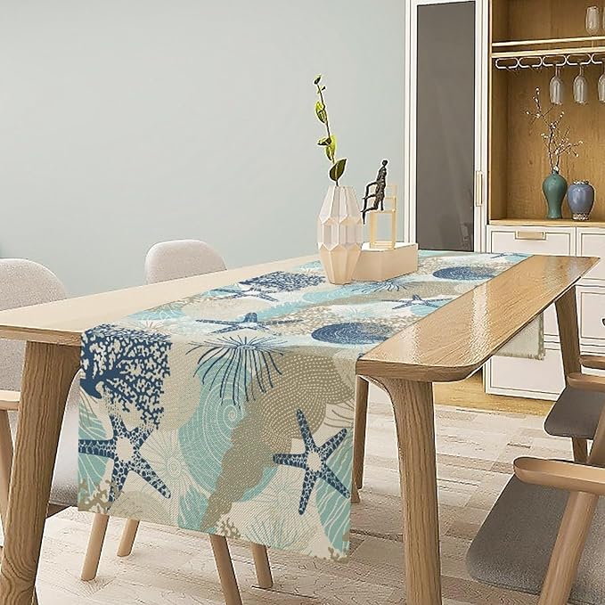Nautical Coastal Table Runner，Ocean Themed Starfish Coral Conch Beach Kitchen Dinning Table Decoration for Indoor Outdoor Home Party Decor 13x36 Inch