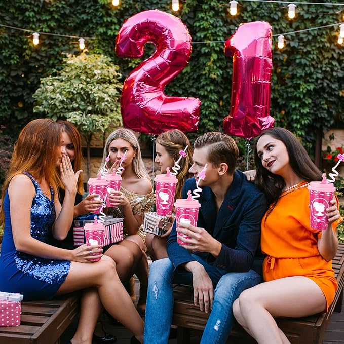 Yungyan 24 Sets Hot Pink Girl Party Favors Goodie Cups with Lids and Straws for Birthday Decorations Reusable 16oz Plastic Candy Cups Plastic Straws for Birthday Party (Pink Princess)