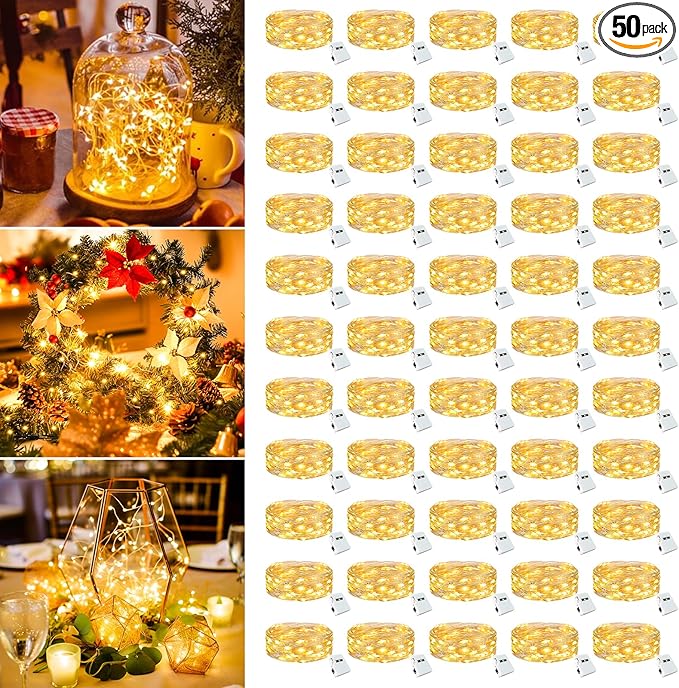 50 Pack Fairy Lights Battery Operated - 7ft 20 Led Twinkle Lights 3 Modes, Bulk Mini String Lights Waterproof for Mason Jars Vases DIY Party Wedding Decoration Christmas -Warm White