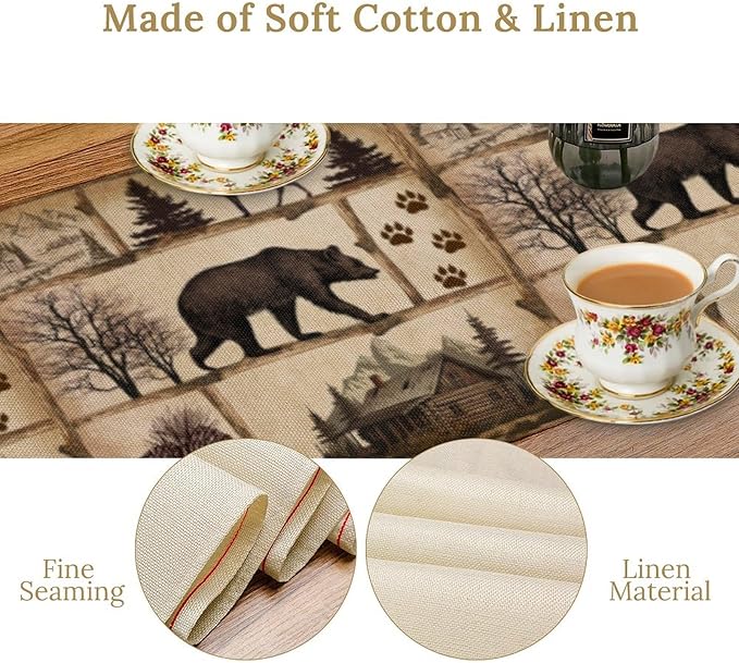 Rustic Cabin Table Runner, Retro Moose Cone Deer Bear Farmhouse Lodge Table Runner for Dinner Living Room Kitchen Vintage Country Cottage 13x120 Inch