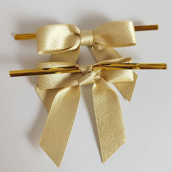 50pcs 2-1/2" Gold Satin Ribbon Bows with Twist Ties for Gift Wrapping Packing Christmas Decoration (Gold)