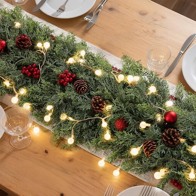Christmas Cedar Garland - 9ft Artificial Cedar Garland Faux Lush Green Fake Pine Needles for Fireplace,Table,Window,Stairs,Mante,Holiday Indoor Outdoor Xmas Decor(1PCS)