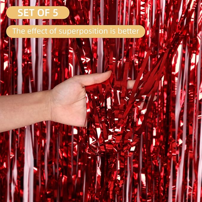 5 Pack Red Fringe Backdrop Curtains 3.2ft x 8.2ft Tinsel Foil Fringe Curtains Tinsel Backdrop Streamers for Birthday Party Decoration Christmas New Year Party Decorations (Red)
