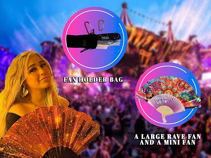 Rave Fan - Large Folding Fans (2 Pack) - Holder - Floral Paradise Design for Festivals, EDM, Burlesque, Drag Queen, Raver Gifts