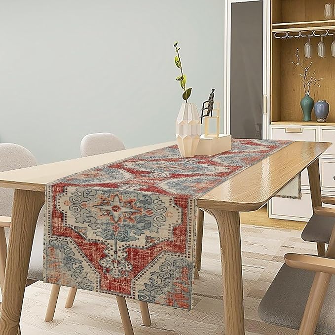Boho Floral Vintage Table Runner, Retro Blue Red Flower Rustic Country Farmhouse Abstract Pattern for Home Kitchen Table Decor Dining Coffee Room Party Decor 13x120in