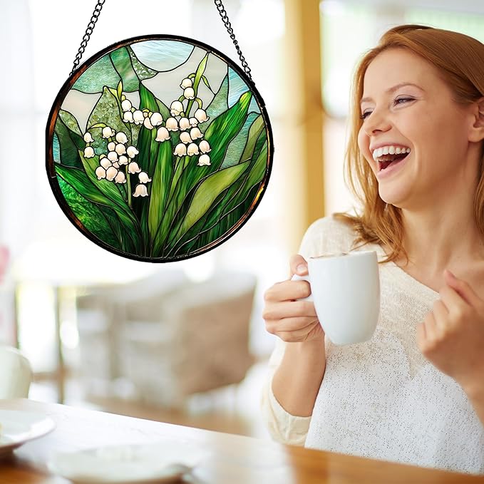Stained Glass Window Hanging - White Green Lily of The Valley Suncatcher for Doors Garden Terrace Plant Sun Catchers Decor Mother's Day Birthday Flowers Gifts for Women Men Mom 6.3 in