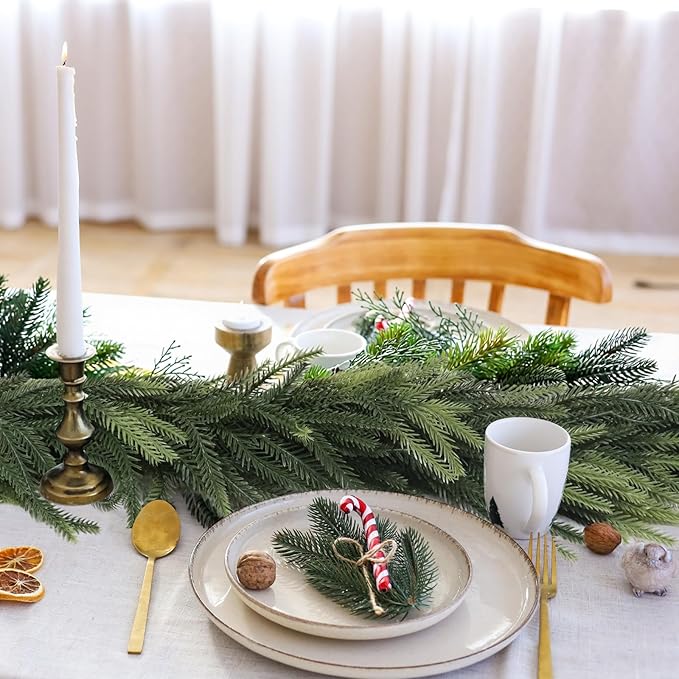 MAKHOT 1-Piece 5.6Ft Artificial Pine Needle Garland, Real Touch Winter Pine Garland, Faux Christmas Garland for Table, Mantle, Wall, Indoor, Outdoor Christmas Decorations