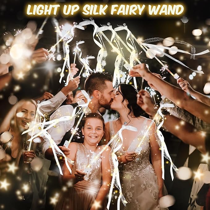 200PCS Light up Wands for wedding, Wedding Wands Streamers with 3 Colorful Flashing Modes, Fairy Wands, LED Silk Fairy Wand with Bells for Wedding, New Year, Thanksgiving, Concert