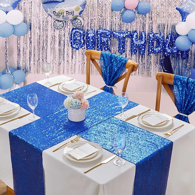 Sequin Table Runners 2 Pieces Royal Blue Table Runners 12x72 Inch Glitter Dining Table Cover for Party Wedding Birthday Reception Banquet Decoration Spring Party Chair Sashes