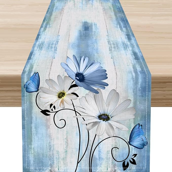 Daisy Table Runner, Spring Floral Seasonal Summer Yellow Flower Rustic Farmhouse Table Center Decor for Home Kitchen Dining Patio Holiday Party Indoor Outdoor Table Decorations, 13"x108" Inch
