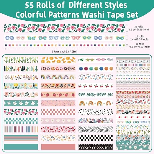 55 Rolls Holiday Washi Tape Set - Decorative Tape Seasonal Bohemian Colored Tape, Cute Washi Tapes for Journaling Supplies, Scrapbooking Supplies kit, Summer Scrapbook Supplies