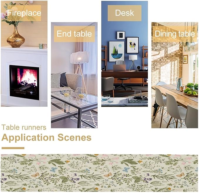 Floral Botanical Table Runner, Garden Spring Flower Botanical Butterfly Animal for Restaurant, Kitchen, Wedding, Party Rectangular Table Runner Decoration,13in（33cm） W * 120in（305cm） L