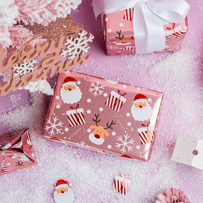 LeZakaa Christmas Pink Wrapping Paper Jumbo Roll, Santa Claus & Candy Cane, Metallic Foil, Rose Gold Foil Reversible Design for Festive Winter Holiday, Family Gathering, 30 inches x 32.8 Feet