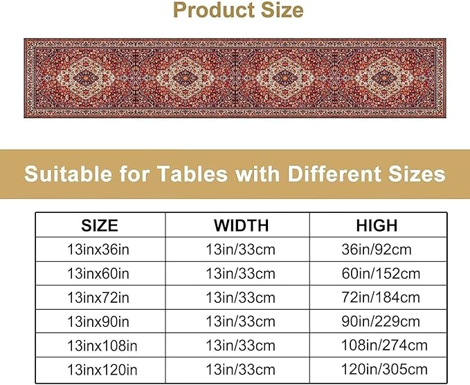 Boho Floral Vintage Table Runner, Paisley Retro Red Flower Rustic Country Farmhouse Abstract Pattern for Home Kitchen Table Decor Dining Coffee Room Party Decor 13x72in