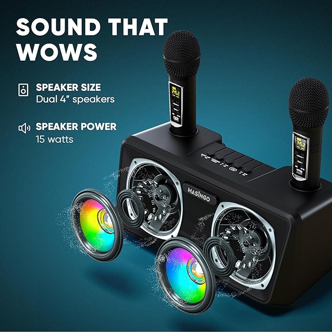 MASINGO Karaoke Machine for Adults and Kids with 2 Wireless Microphones, Portable Bluetooth Singing Speaker, Colorful LED Lights, PA System, Lyrics Display Holder, and TV Cable. Presto G2