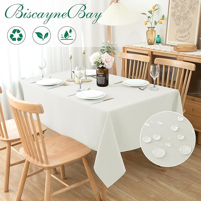 Biscaynebay Textured Fabric Tablecloths 52x70 Inches Rectangular, Ivory Water Resistant Tablecloths for Dining, Kitchen, Wedding, Parties etc. Machine Washable