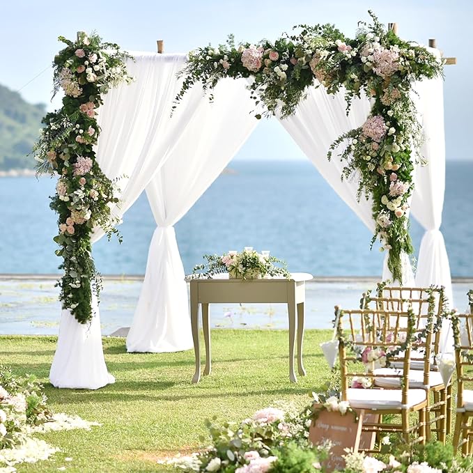 VOK White Wedding Arch Draping Fabric Chiffon Fabric, 29in x 18Ft Sheer Chiffon Outdoor Curtain for Wedding Ceremony Birthday Party Decoration (White,1 Panel)