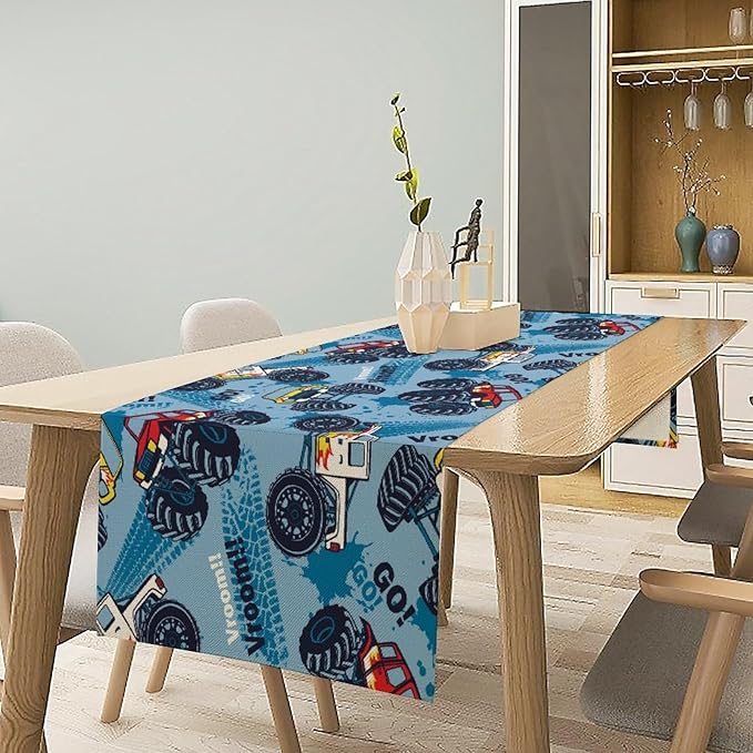 Monster Truck Table Runner,for Kids Boys Cool Colorful Cartoon Blue Cars Pattern Print Tablecloth Burlap for Hotel Indoors Outdoor Dining Room Kitchen Home Decor,W13X L90 in