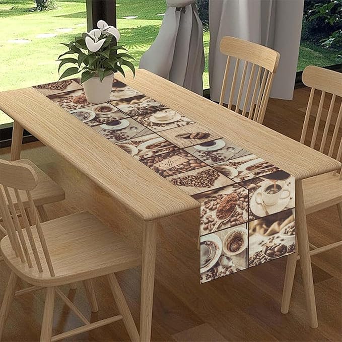 Coffee Theme Table Runner, Rustic Farmhouse Coffee Cup Latte Cappuccino Tea Party Cafe Table Center Decor for Home Kitchen Dining Patio Holiday Party Indoor Outdoor Table Decorations, 13"x108" Inch
