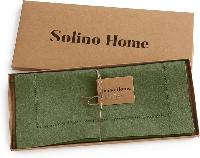 Solino Home Linen Olive Table Runner 120 Inches Long - 100% Pure Linen Hemstitch 14 x 120 Inch Table Runner for Dining, Fall, Autumn, Thanksgiving - Classic Hemstitch