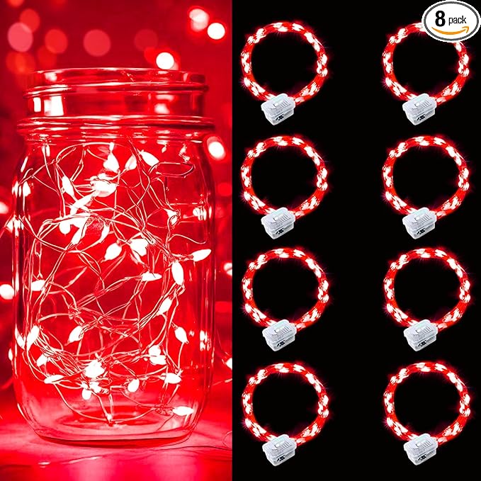 pozzolanas 8 Pack Red Battery Operated String Lights - 7ft Waterproof Fairy Lights with 20 LEDs for Home, Mason Jar, Party, Wedding, Halloween, Christmas Decorations