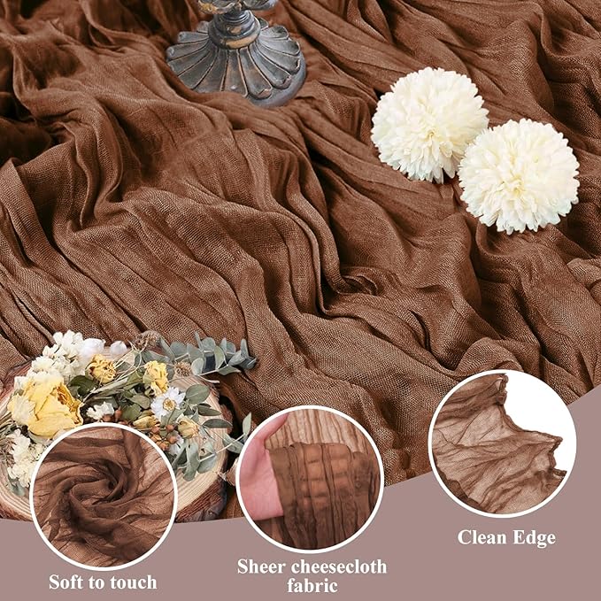 Asee'm Cheesecloth Table Runner 120 Inches Long Brown Boho Gauze Cheese Cloth Runner 10FT Rustic Sheer Fall Table Runners for Thanksgiving Wedding Party Baby Shower Decoration