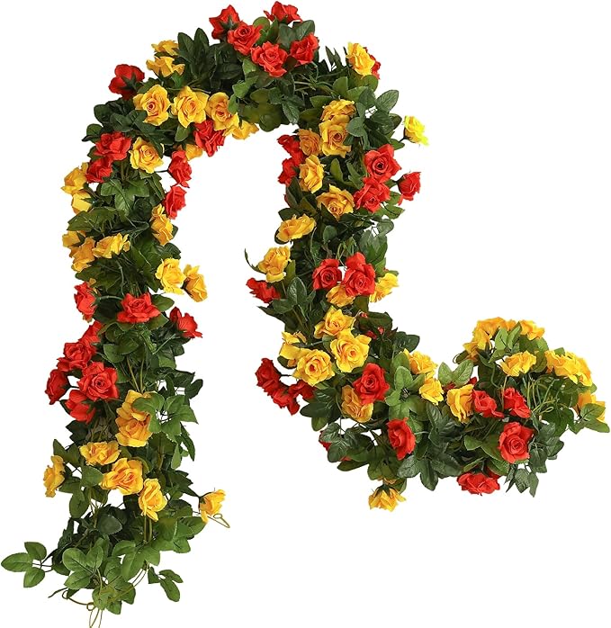 Floweroyal 4 Pack Artificial Flower Garlands 15.8FT Fake Rose Vines Silk Flowers Hanging Rose Ivy for Wedding Arch Party Home Garden Wall Decor (Orange Yellow)